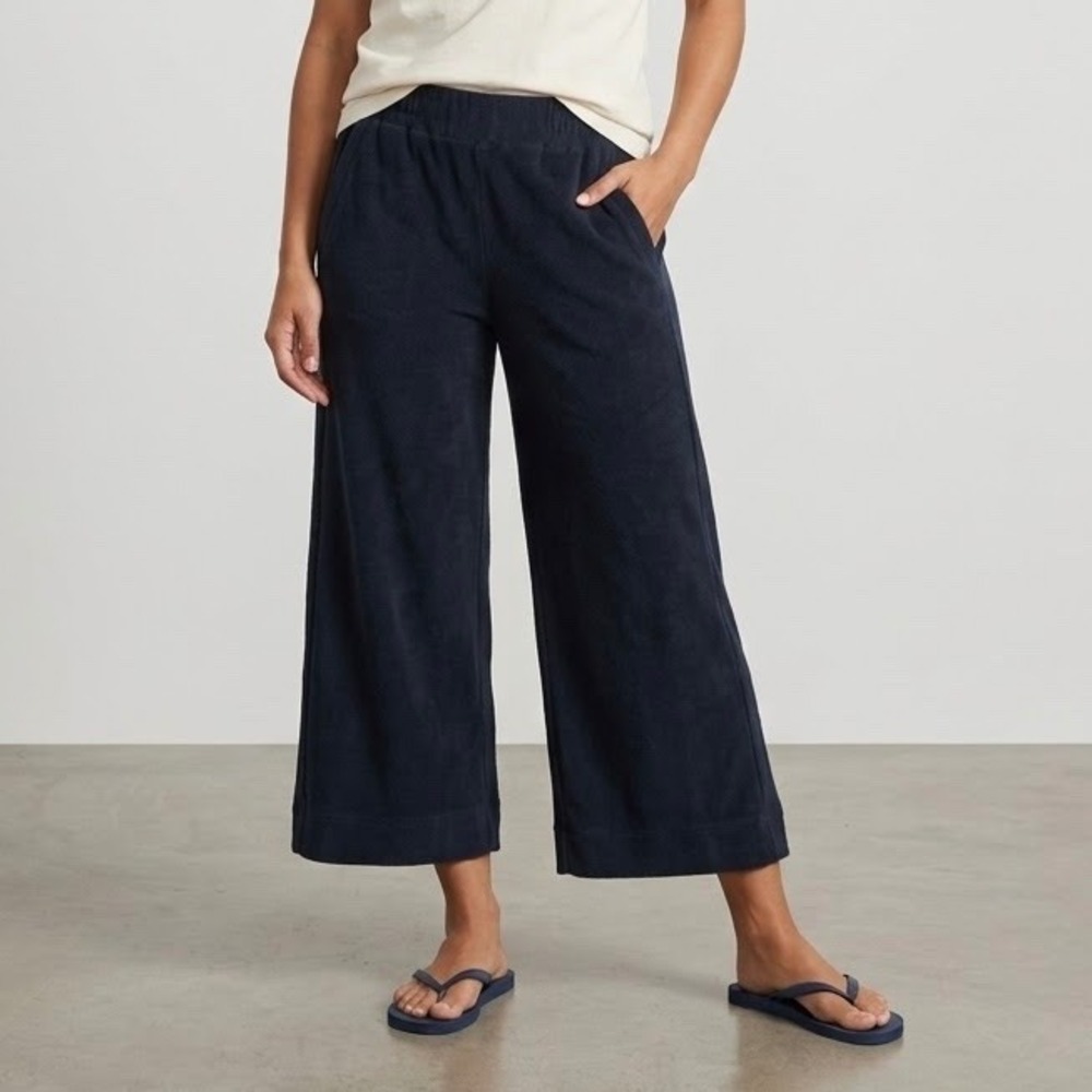 ME+EM Towelling Wide-Leg Crop Trouser Pants Cotton Blend Midnight Navy Blue Sz 4